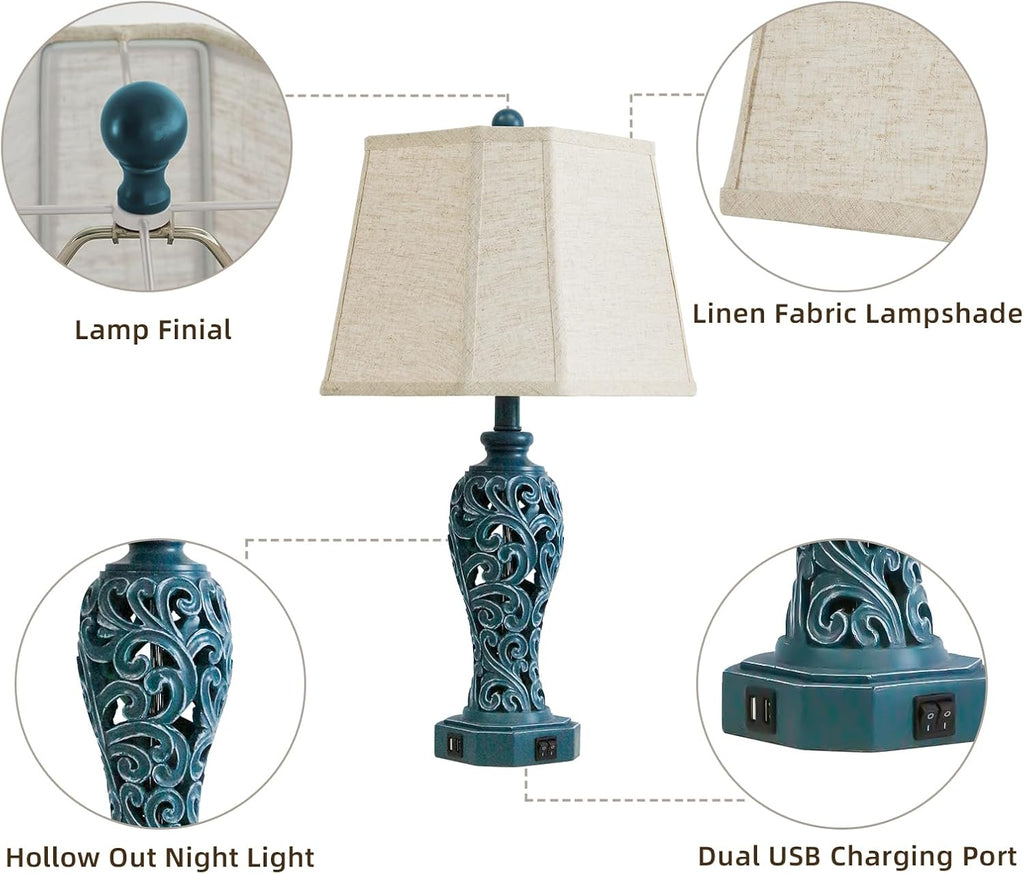 25'' Farmhouse Table Lamps Set of 2 for Living Room Bedroom, 2 USB Ports Coastal Vintage Table Lamp with Nightlight, Blue Green Hollow…