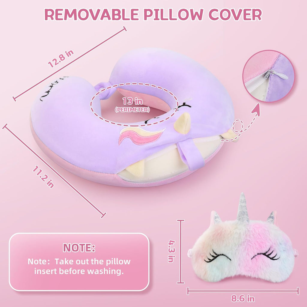 Kids Neck Pillow for Traveling, Unicorn Kids Travel Pillow with Eye Mask, Toddler Travel Essentials for Road Trip Airplane Flight Car…
