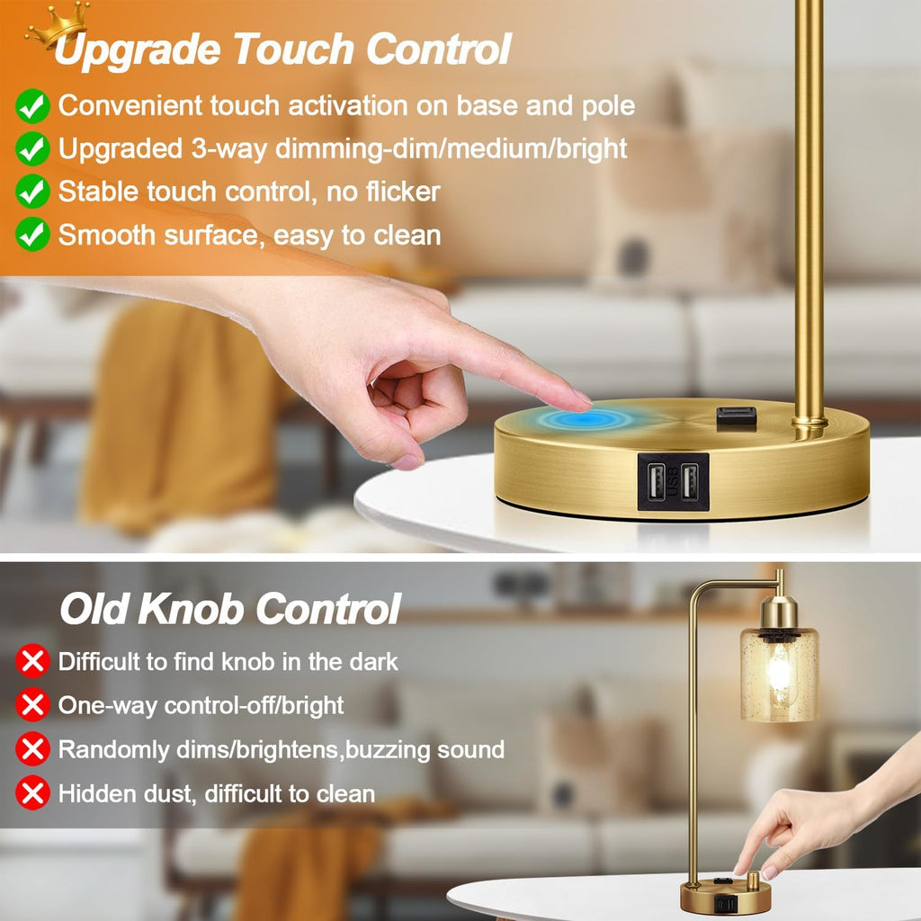 Nintiue Industrial Touch Table Lamps Set of 2-2 USB Ports & AC Outlet Nightstand Lamps, 3-Way Dimmable Bedside Desk Lamp for Living Room…