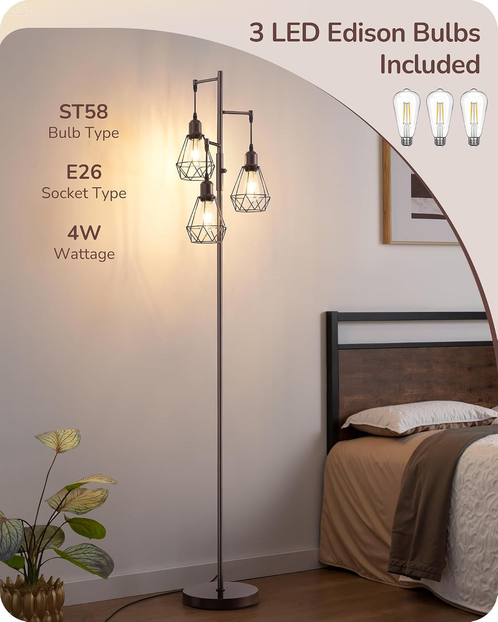 Edishine 70IN Industrial Floor Lamps for Living Room, Dimmable Farmhouse Corner Reading Lamp, Diamond-Shaped Lampshade, 3 LED Edison Bulbs…