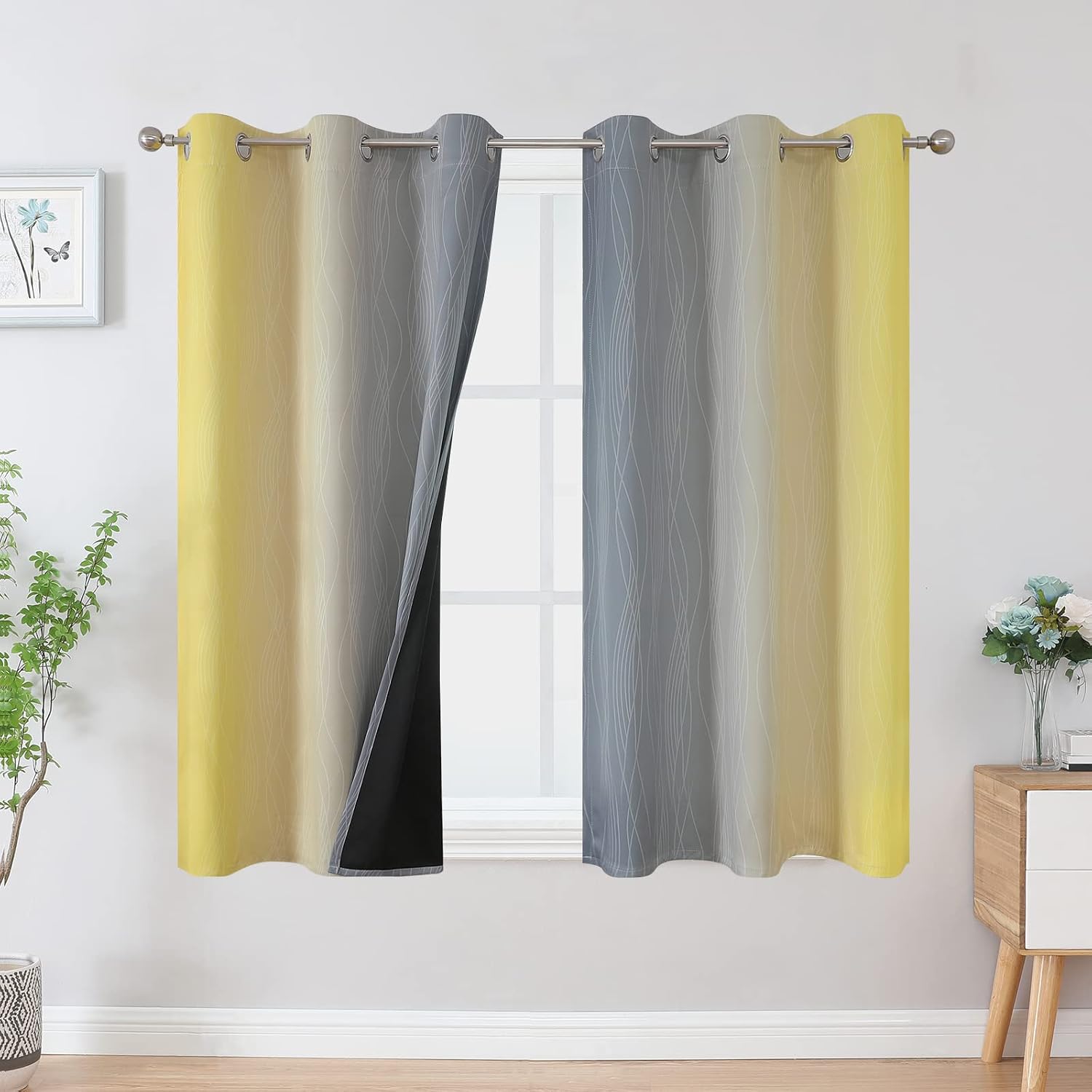 Estelartextiler Ombre Gray and Yellow Blackout Curtains 45 Inch Length 2 panels, Full Room Darkening Curtains for Kids Room, Grommet Therma…