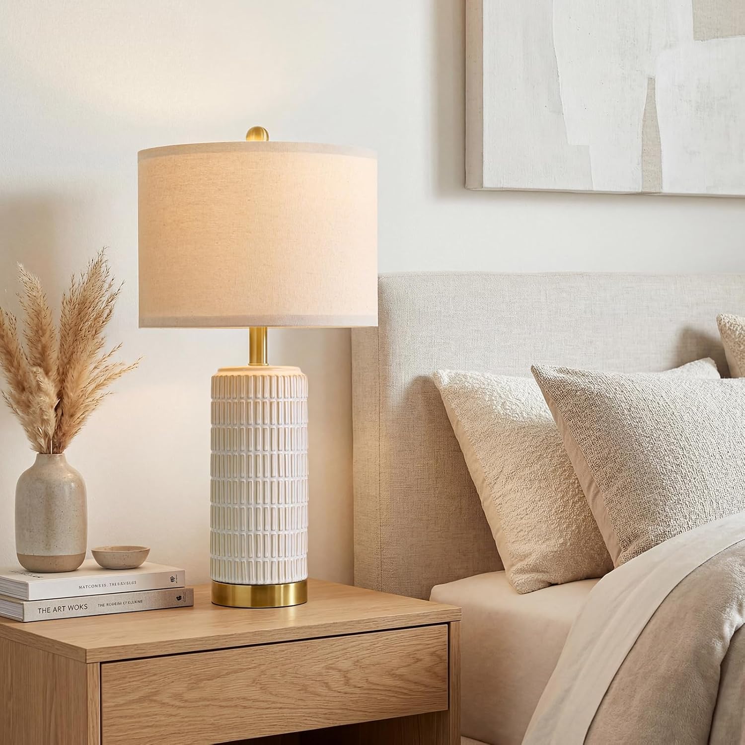 Pokat 25'' Modern Table Lamps Set of 2 for Living Room with Gold Base, White Farmhouse Bedside Lamps for Bedroom, Nightstand Lamps for Offi…