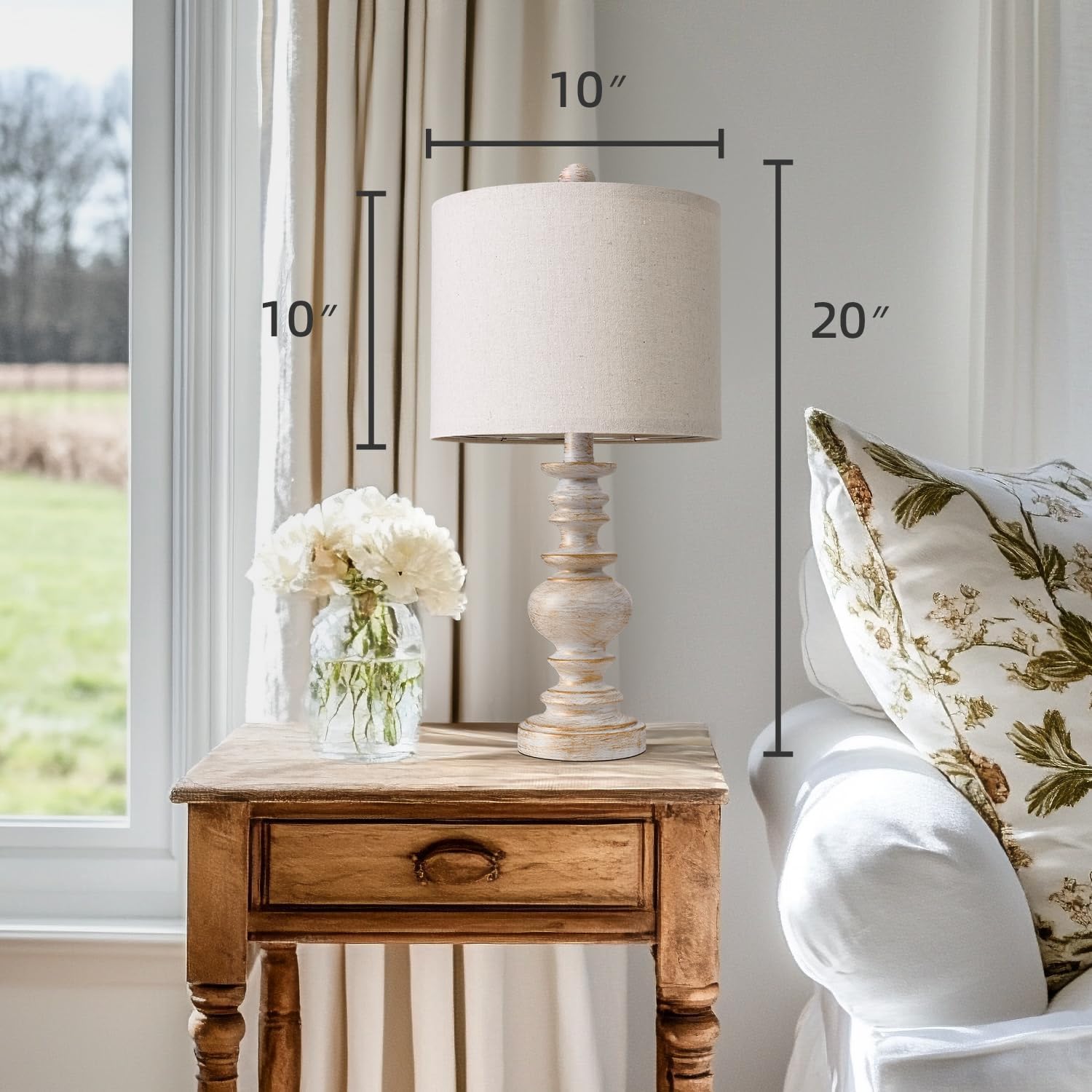 BOBOMOMO 20" Retro Table Lamps Set of 2 - Farmhouse Lamp for Living Room with Linen Shades, Rustic Bedside Nightstand Lamps, Resin Lamps…