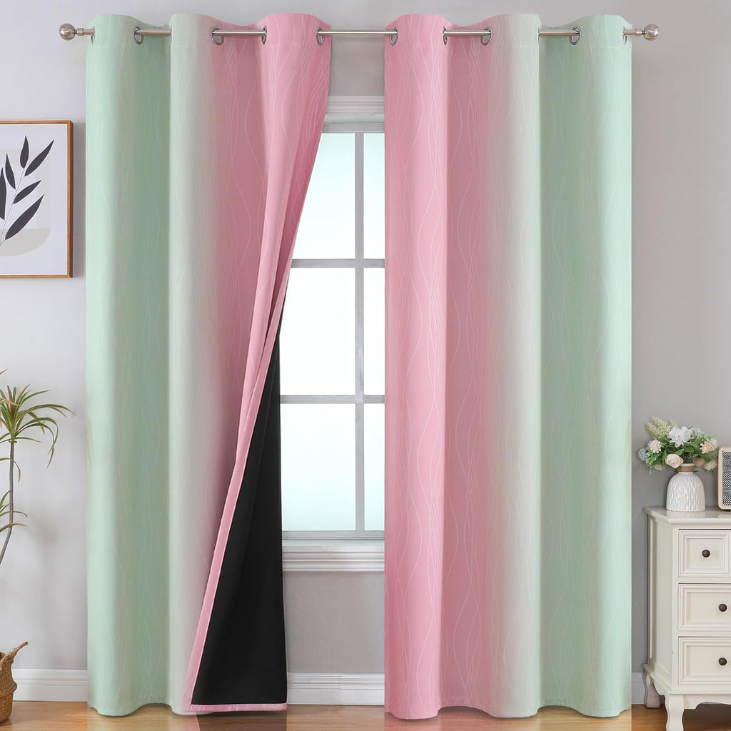 Estelartextiler Estelar Textiler Sage Green and Pink Room Darkening Blackout Curtains 84 Inch Length 2 Panels Set for Living Room, Thermal…