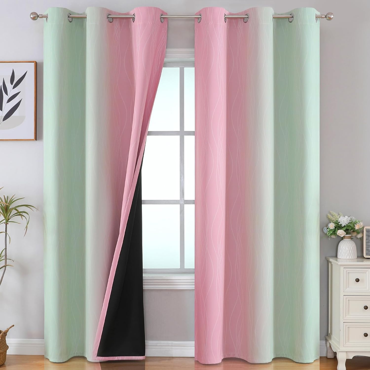 Estelartextiler Estelar Textiler Sage Green and Pink Room Darkening Blackout Curtains 84 Inch Length 2 Panels Set for Living Room, Thermal…