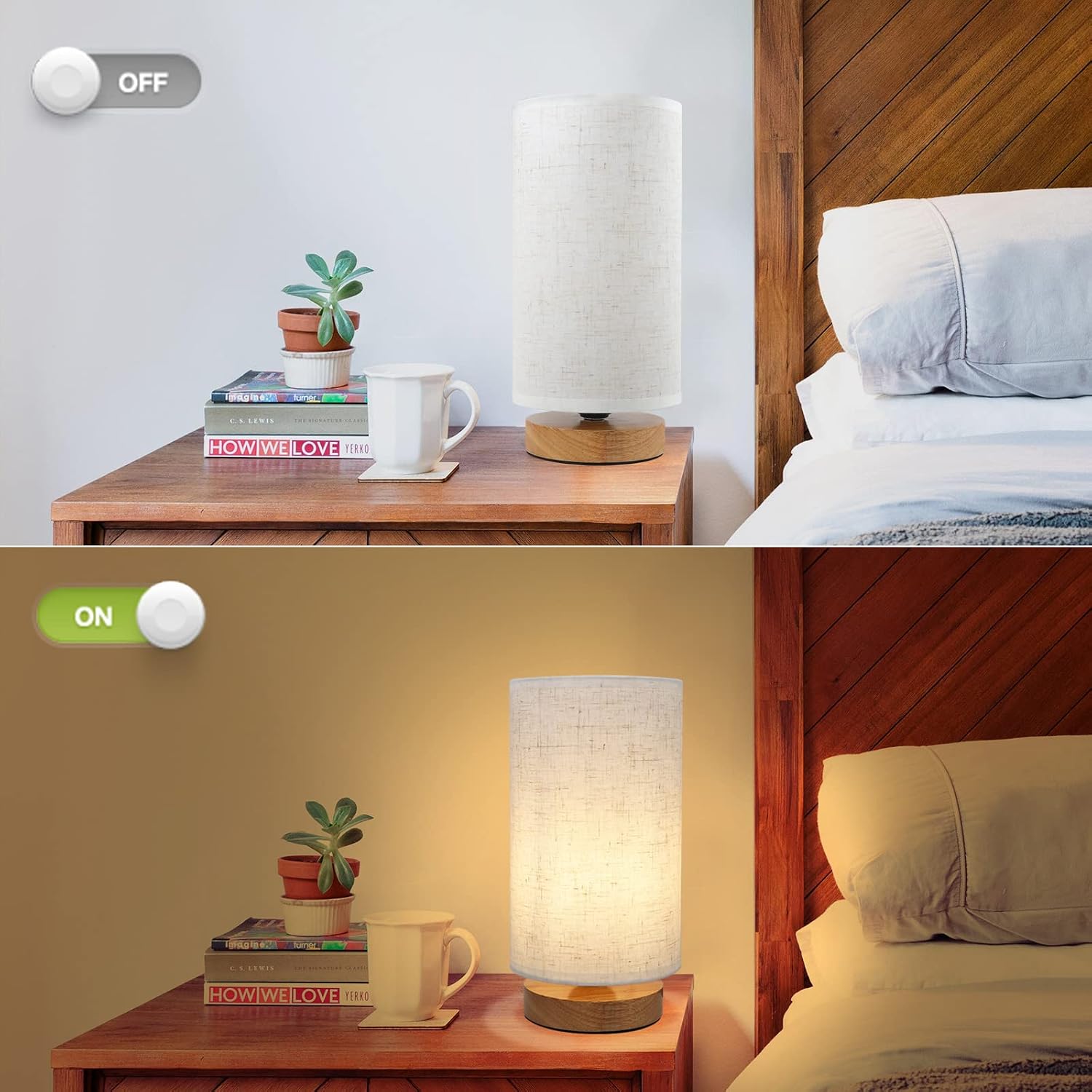 Minimalist Bedside Table Lamps for Bedrooms Set of 2, 3 Color Temperature Bedside Lamps with Round Fabric Linen Shade, Small Desk Lamp…