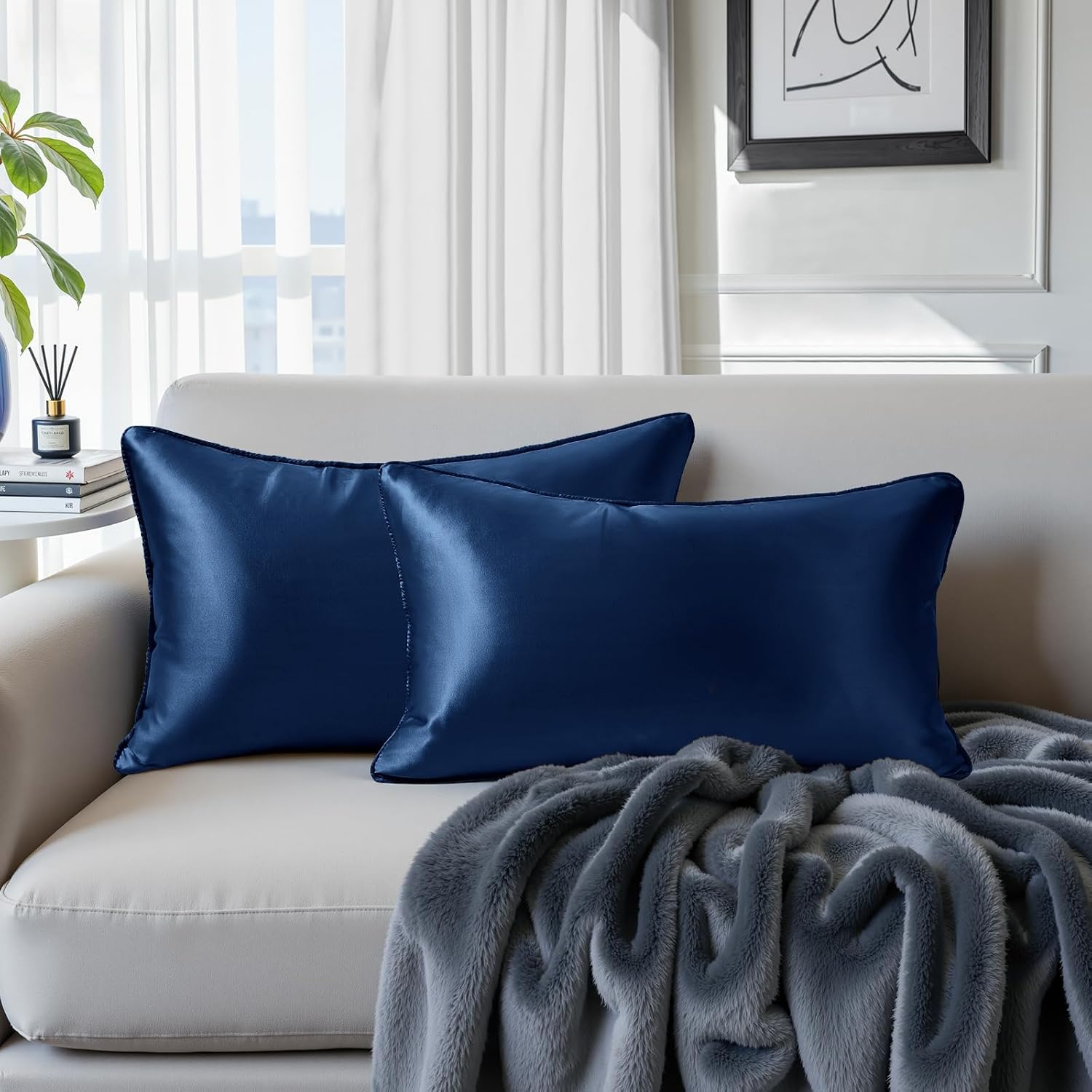 Homeideas Navy Blue Decorative Throw Pillow Covers 20x12 Set of 2, Glossy Faux Silk Lumbar Pillow Covers for Couch Sofa Bed Decor Luxury Su…