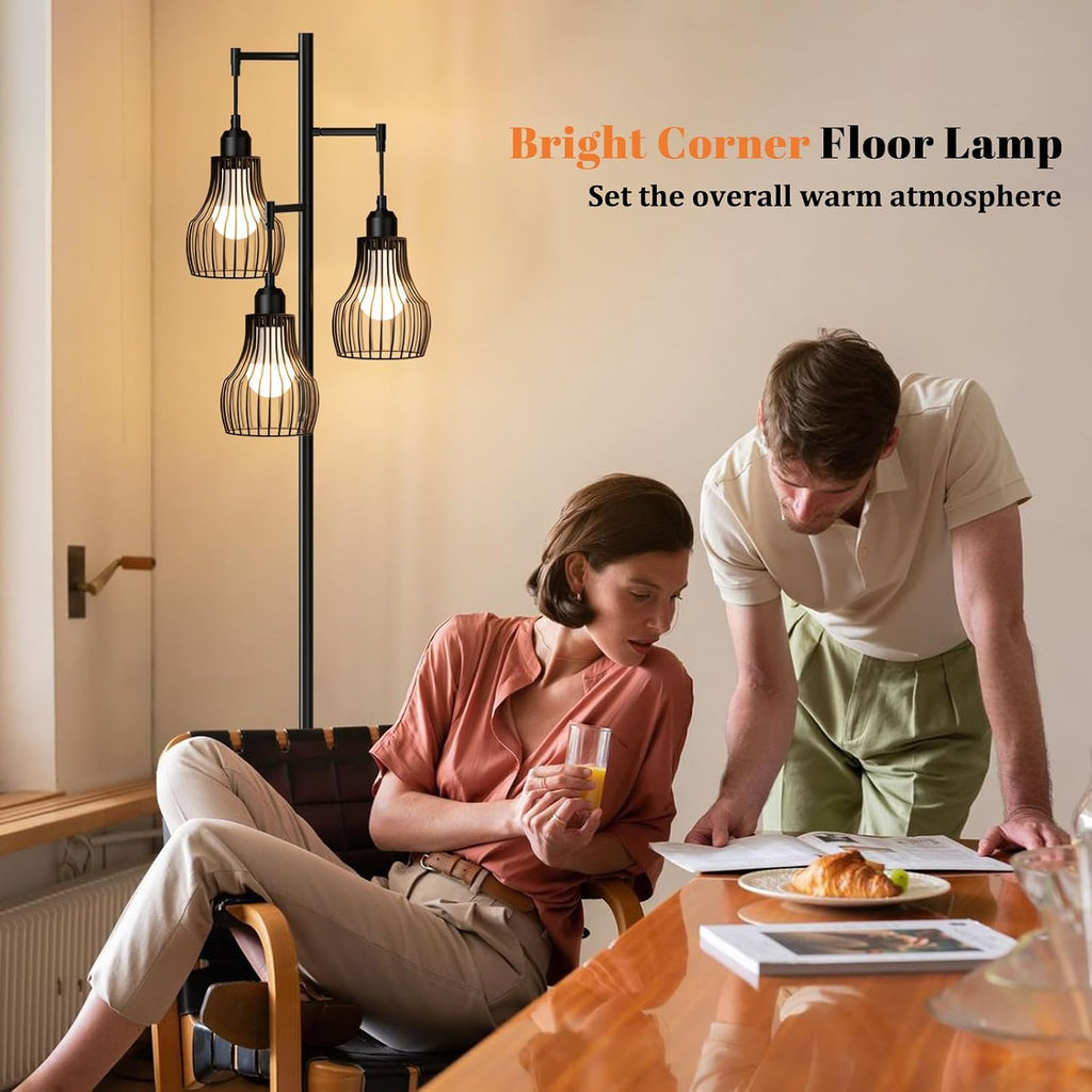 Ziisee Dimmable Floor Lamps for Living Room, Farmhouse Tree Standing Tall Lamp with Remote Control 3 Elegant Cage Shade LED Bulbs for…