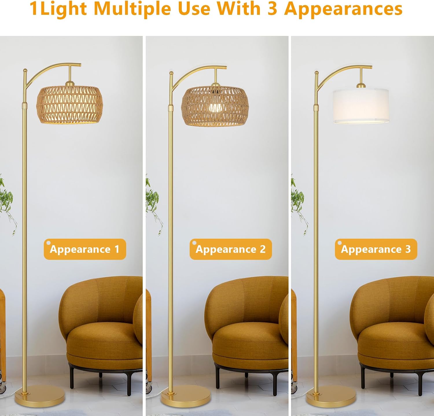 eyassi Arc Floor Lamp with 3 Color Temperatures, LED Gold Floor Lamp with Remote & Stepless Dimmable Bulb, Boho Standing Lamp with Rattan…