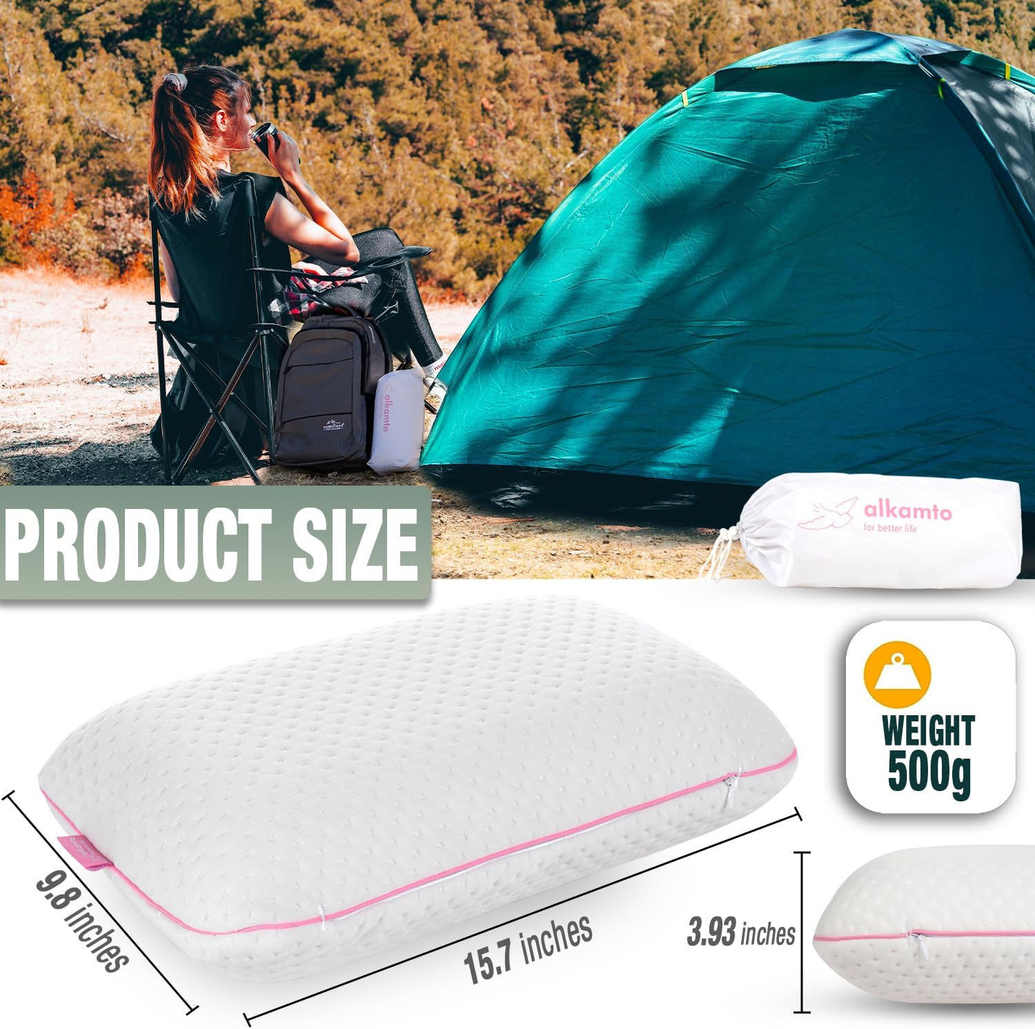 alkamto Travel & Camping Comfortable Memory Foam Pillow – Easy to Carry Portable Bag – Temperature Regulating Pillow Case (Pink + Extra…