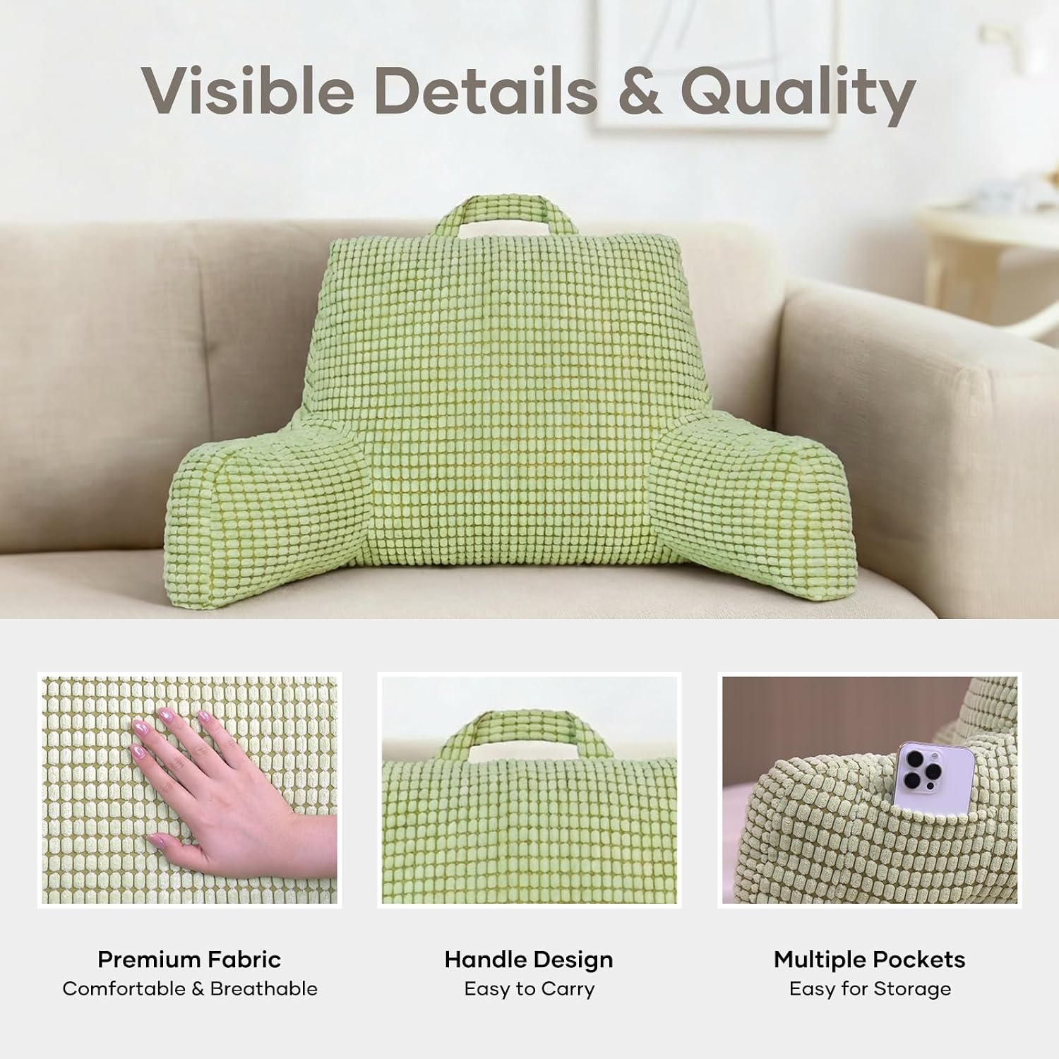 NOONTIDE Reading Pillow with Top Handle, Uniquely Designed Soft Fabric, Ergonomic Back Support for Bed, Cover Washable Sit up…