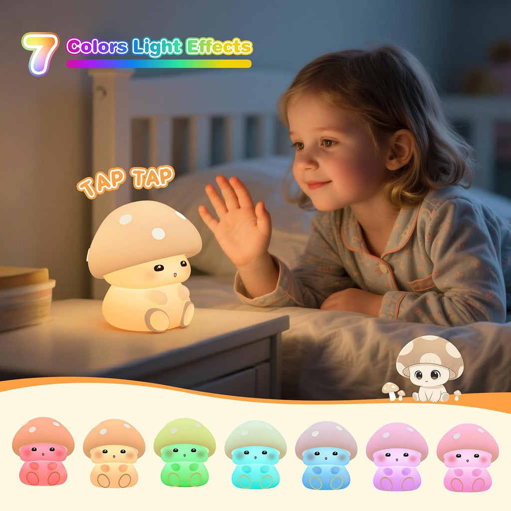 Mushroom Night Light for Kids - Portable LED Nursery Lamp with Tap Control, 7 Color Changing, Dimmable Bedside Light for Baby Room…