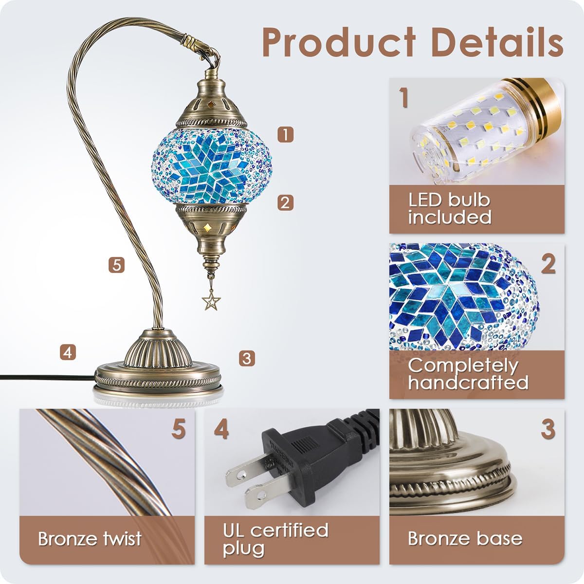 Yarra-Decor Turkish Moroccan Lamp with Bronze Base 3 Color Options Handmade Swan Neck Tiffany Mosaic Glass Bedside Lamps for Bedroom (LED…