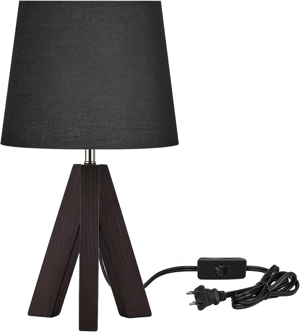 Tripod Table Lamp, 14.6" Small Bedside Lamp, Modern Nightstand Lamp with Black Shade & Dark Walnut Base, Black Table Lamp for Bedroom…