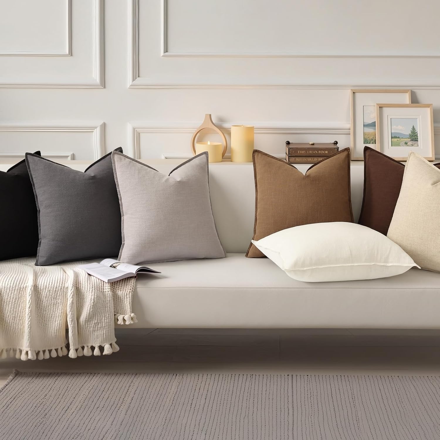 decorUhome Summer Decorative Linen Throw Pillow Covers 18x18 Inch Set of 2 Chocolate Pillow Covers with Flange Edges Soft Farmhouse Boho Ac…