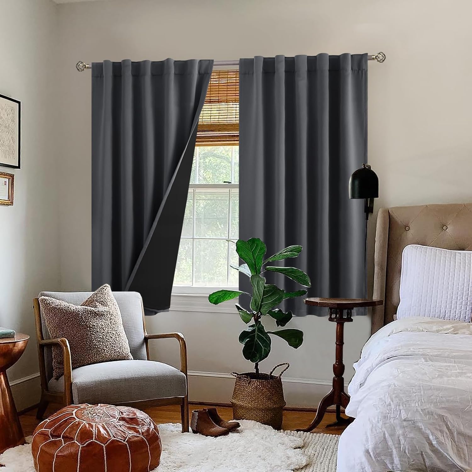 BGment Dark Grey 100% Blackout 48 Inch Curtains for Small Window, Rod Pocket and Back Tab Double Layer Black Out Thermal Insulated Room…