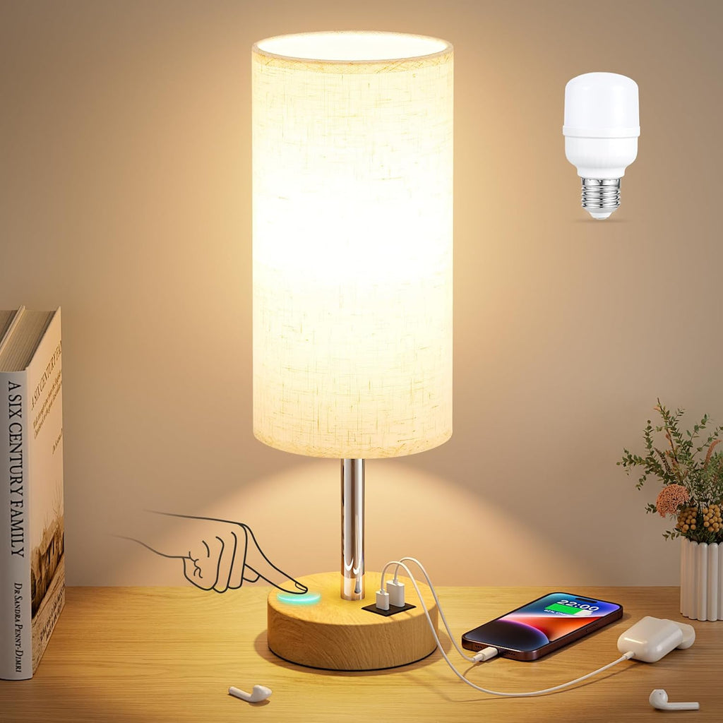 Dicoool Touch Bedside Table Lamp with USB - 3 Way Dimmable Wood Lamp for Bedroom Nightstand, Desk Lamp with Charging Station for Dorm…