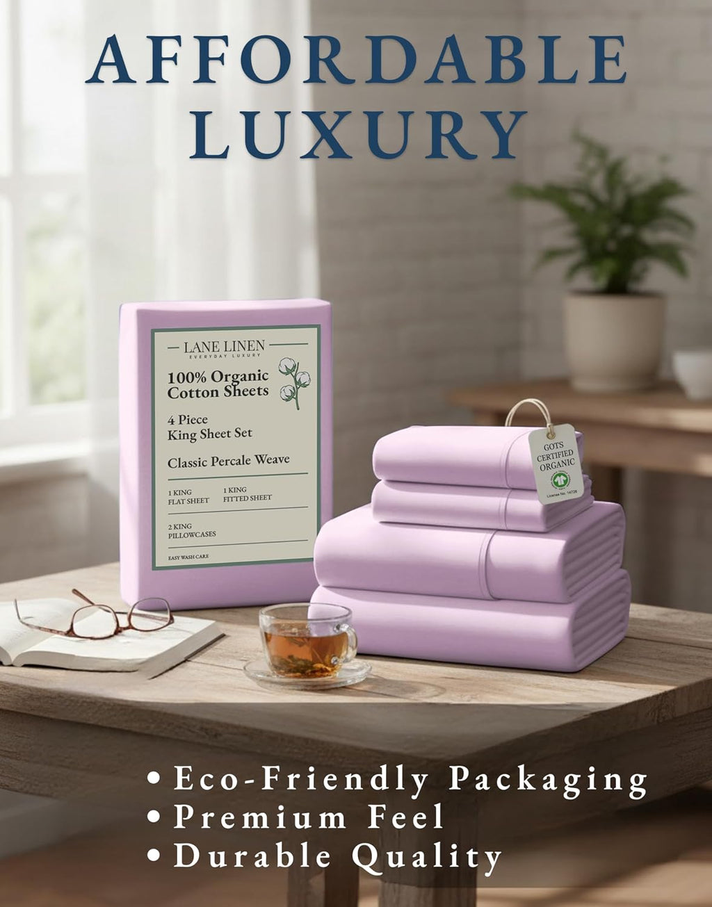LaneLinen LANE LINEN 100% Organic Cotton Fully Elasticized King Sheet Set, Low Pilling Fade Resistant Machine Washable Naturally Cooling Ki…