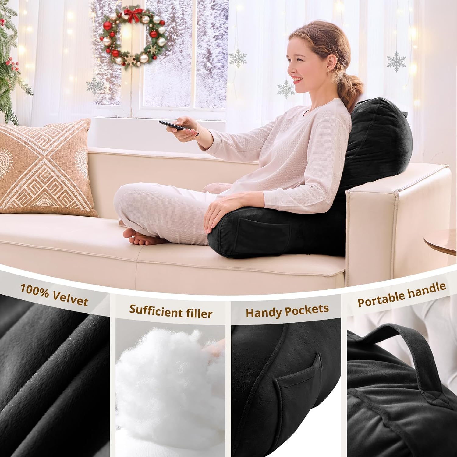 Sasttie Reading Pillow, Pillows for Reading or Relaxing – Ergonomic Support for Head, Neck, Back, and Lumbar, 21-Inch, Black Black
