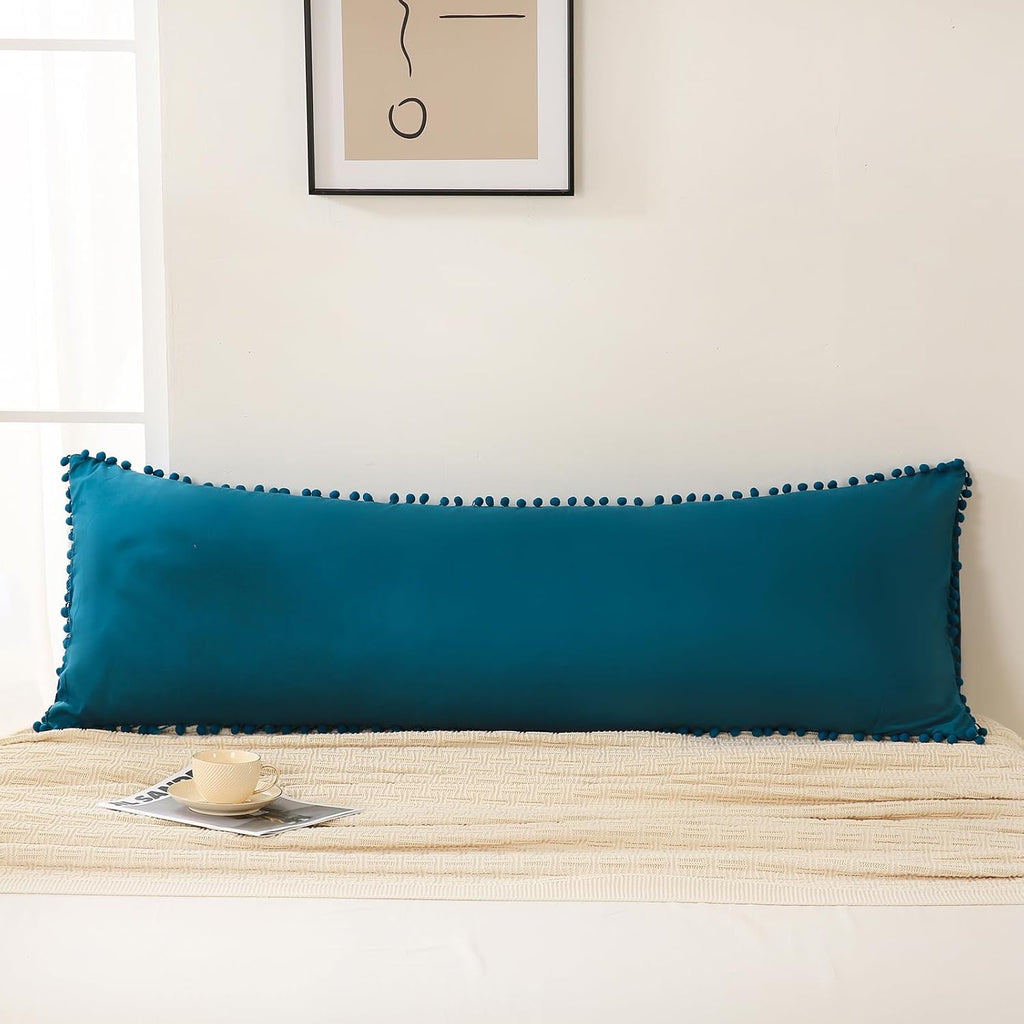 Moveover Move Over Teal Blue Body Pillow Cover 20x54 Body Pillow Cover Cute Pom Poms Fringe Design Soft Microfiber Boho Chic Home Decor Lon…