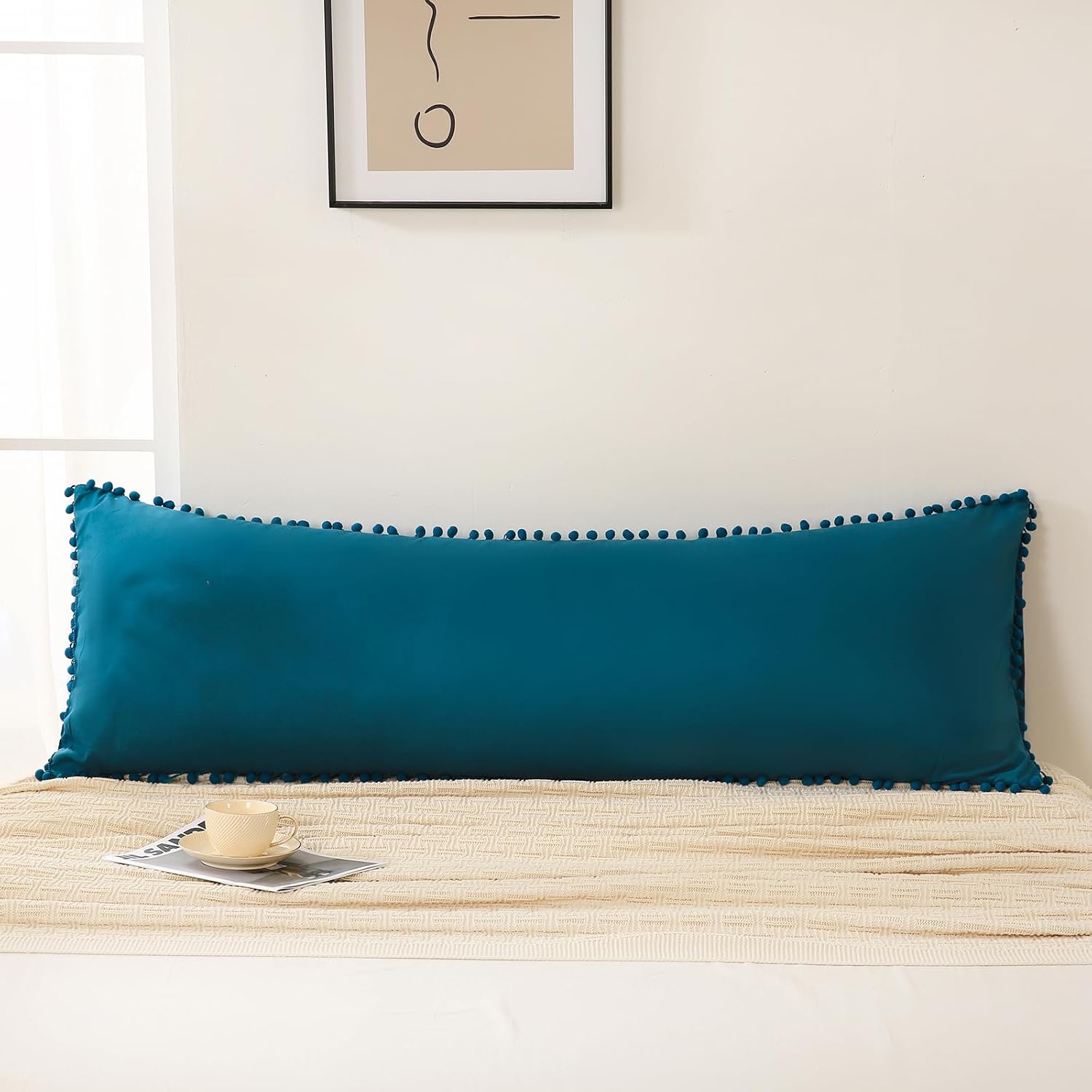 Moveover Move Over Teal Blue Body Pillow Cover 20x54 Body Pillow Cover Cute Pom Poms Fringe Design Soft Microfiber Boho Chic Home Decor Lon…