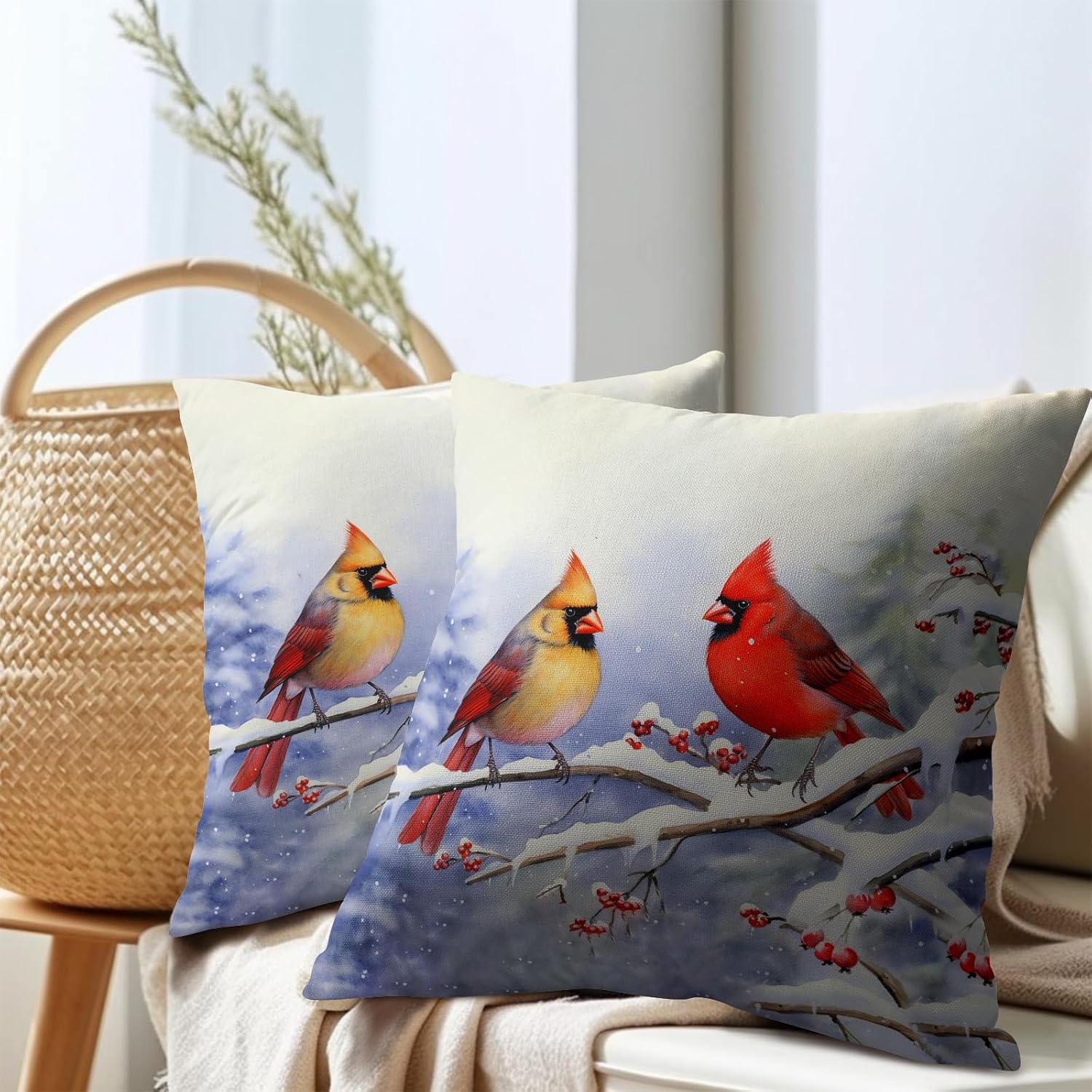 Granbey Cardinal Birds Throw Pillow Cover Winter Sweet Bird Pillowcase 22x22 Inch Set of 2 Christmas Holiday Cushion Covers for Home Patio…