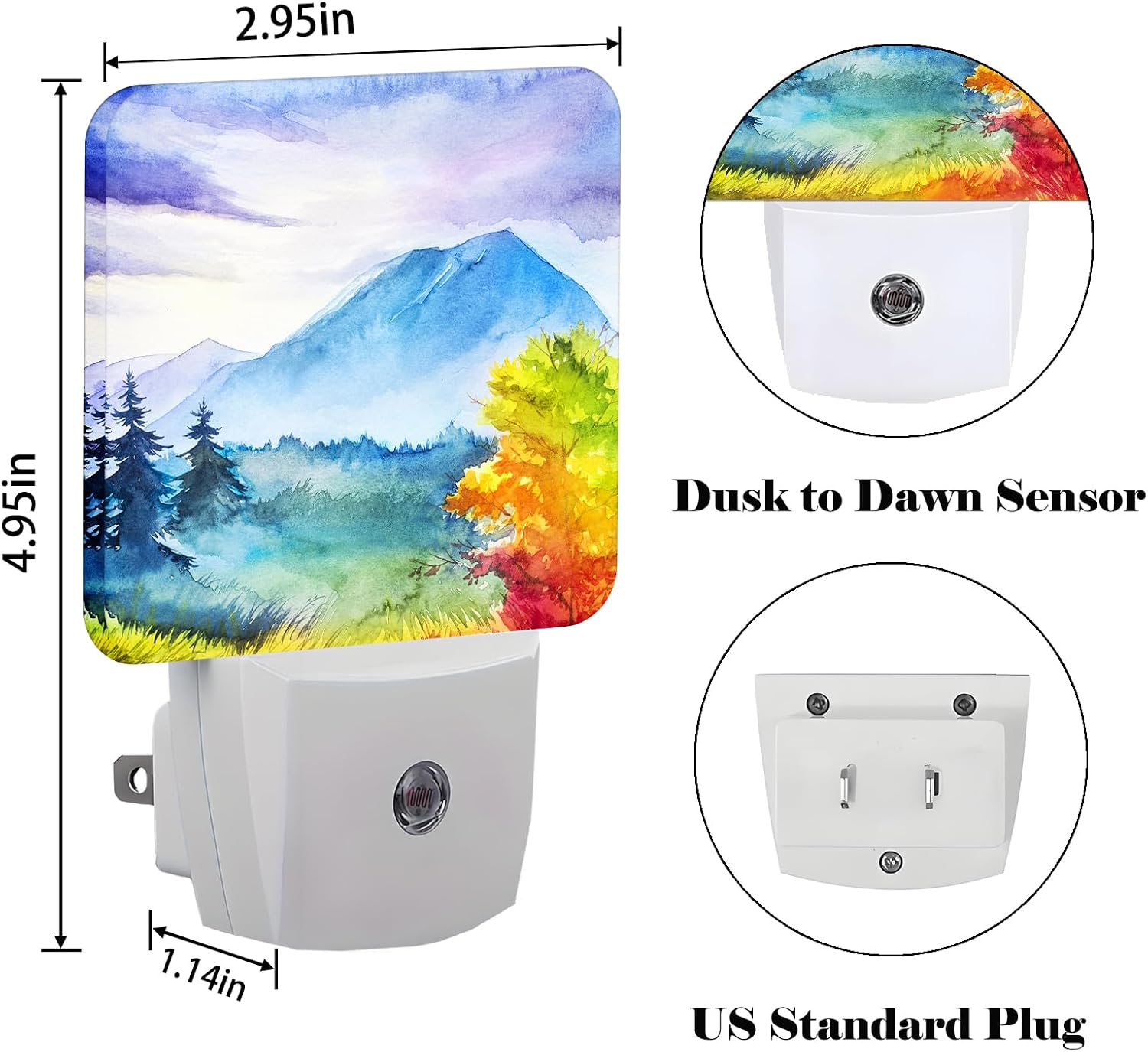 Watercolor Mountains and Forest Night Light, Plug Into Wall for Boys Girls Bedroom Decorative Square Night Light Lamp 0.5w Sleep Friendly