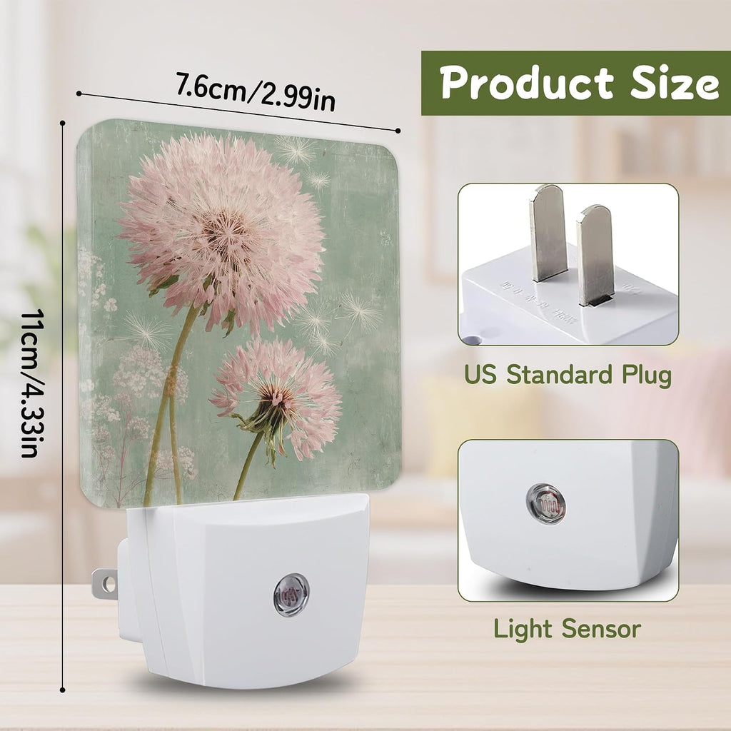 Vintage Pink Dandelion Night Lights Plug into Wall, Night Light with Dusk to Dawn Sensor for Bedroom Bathroom Kitchen Hallway Stairs…