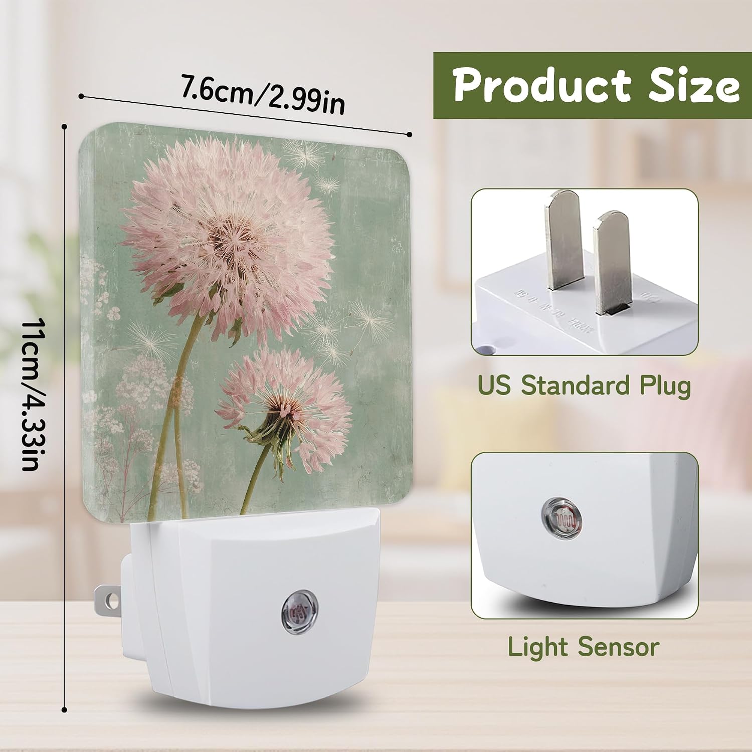 Vintage Pink Dandelion Night Lights Plug into Wall, Night Light with Dusk to Dawn Sensor for Bedroom Bathroom Kitchen Hallway Stairs…