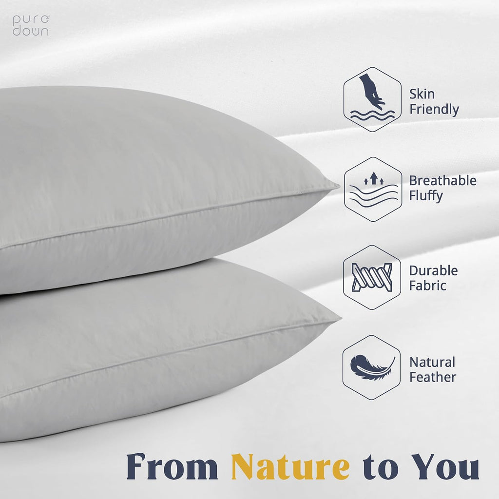 puredown Goose Feathers Down Pillows - King Size Bed Sleeping Hotel Collection Pillows Set of 2 with 100% Cotton Cover, Grey