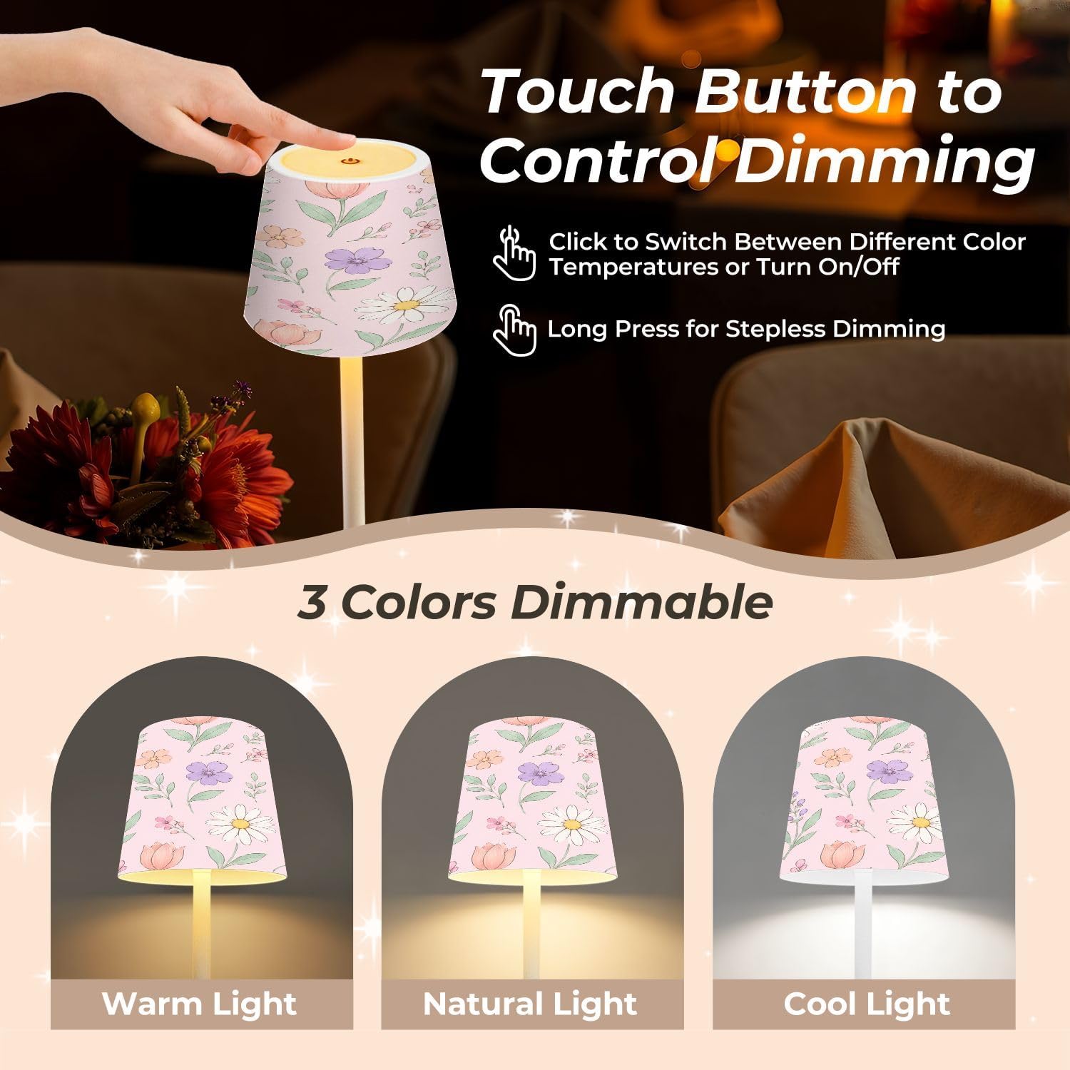 Cordless Mahjong Lamp Pastel Floral Daisies Tulips Wildflowers Soft Pink Small LED Lamp 3 Color Dimmable Rechargeable Lamps for Mah Jong…