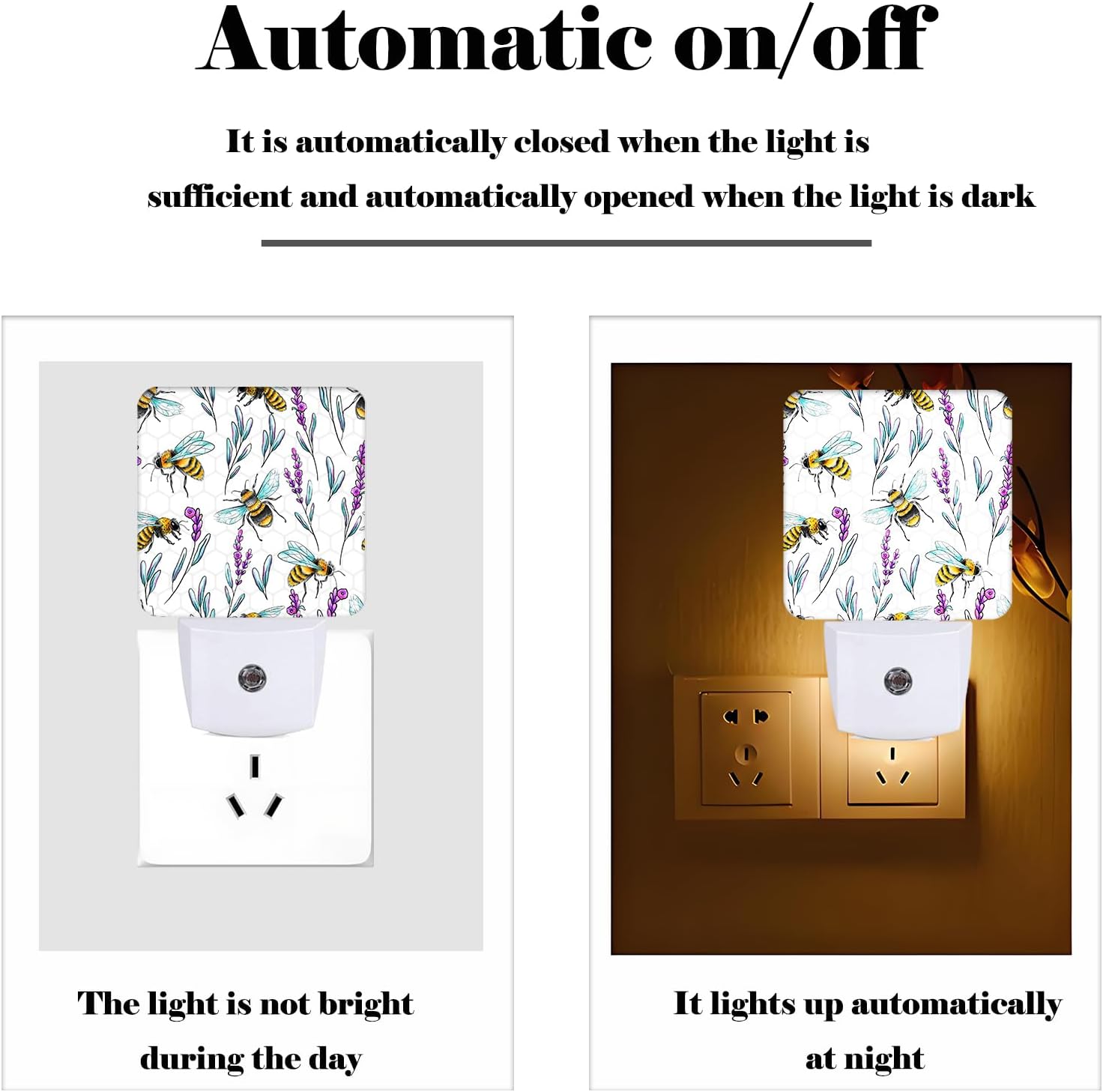 Bees and Lavender Flowers Night Light, Plug-in Night Lights with Dusk-to-Dawn Sensor for Stairway, Hallway, Bedroom Sleep Friendly Ideal for…