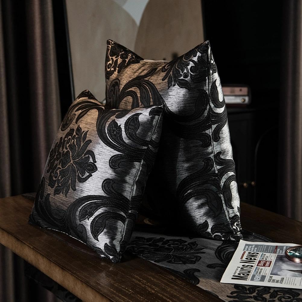 Napearl Throw Pillow Covers-Set of 2 with Black Silver Damask Jacquard Patterns, Gothic Decorative Pillowcase for Couch, Sofa, Bed, Attract…