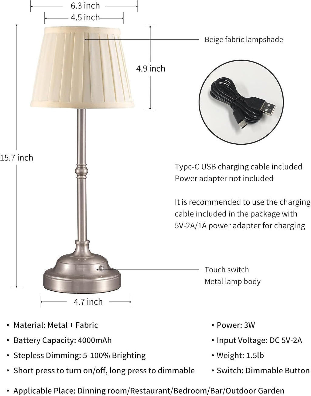 KDG Cordless LED Table Lamp Set of 2, Portables Fabric Shade Desk Lamps, 4000mAh Rechargeable Battery Powered Lighting, Dimmable Light…