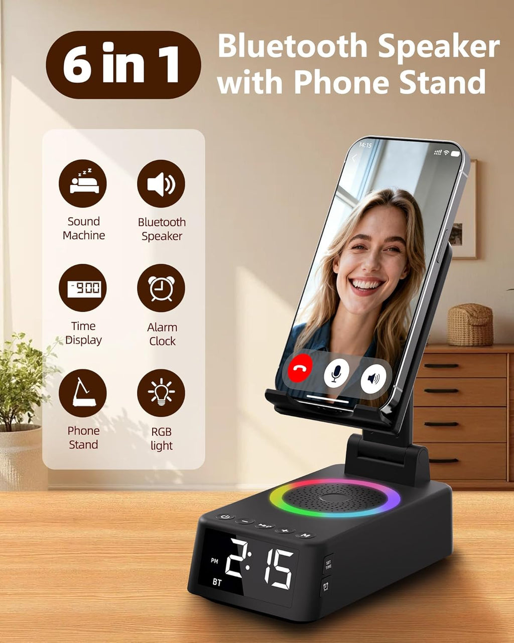 Cell Phone Stand with Bluetooth Speaker, White Noise Machine with 20 Soothing Sounds, Digital Alarm Clock for Bedroom, Bedside Desk…
