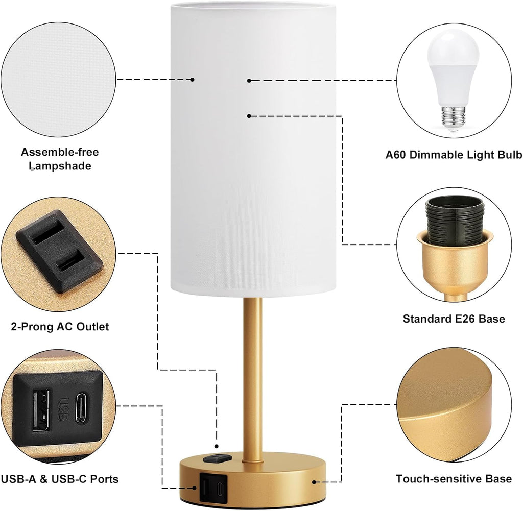 Fenmzee Gold Nightstand Bedroom Lamp - 3 Way Dimmable Bedside Lamp USB C A Charging Ports and AC Outlet, Small Table Lamp Linen Lampshade…