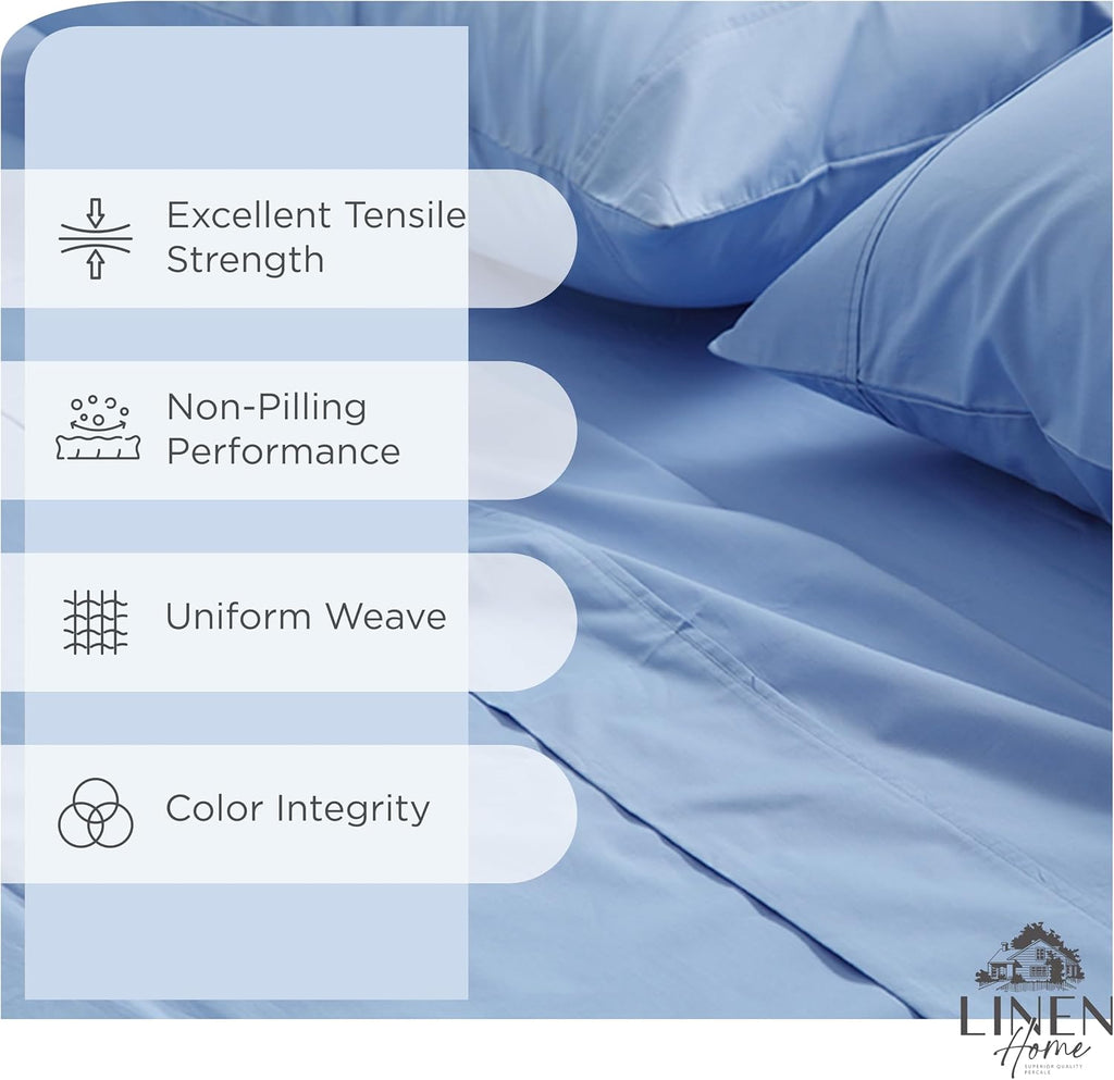 Linen Home 100% Cotton Percale Sheets Queen Size, Baby Blue, Deep Pocket, 4 Pieces Set - 1 Flat, 1 Deep Pocket Fitted Sheet and 2…