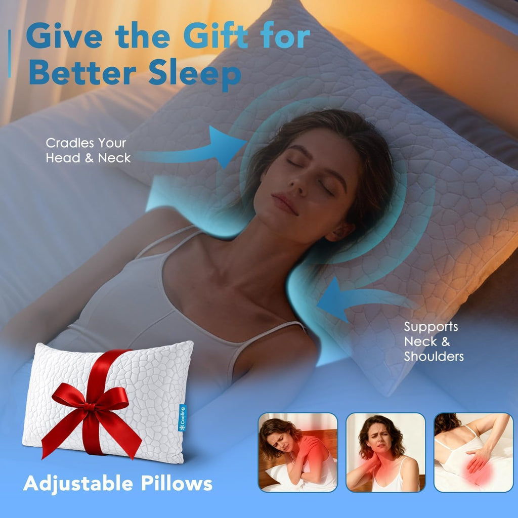 Qutool Cooling Pillow for Sleeping, CertiPUR-US Shredded Memory Foam King Pillow Set of 1, Cool Pillow for Hot Sleepers Adjustable Firm Pil…