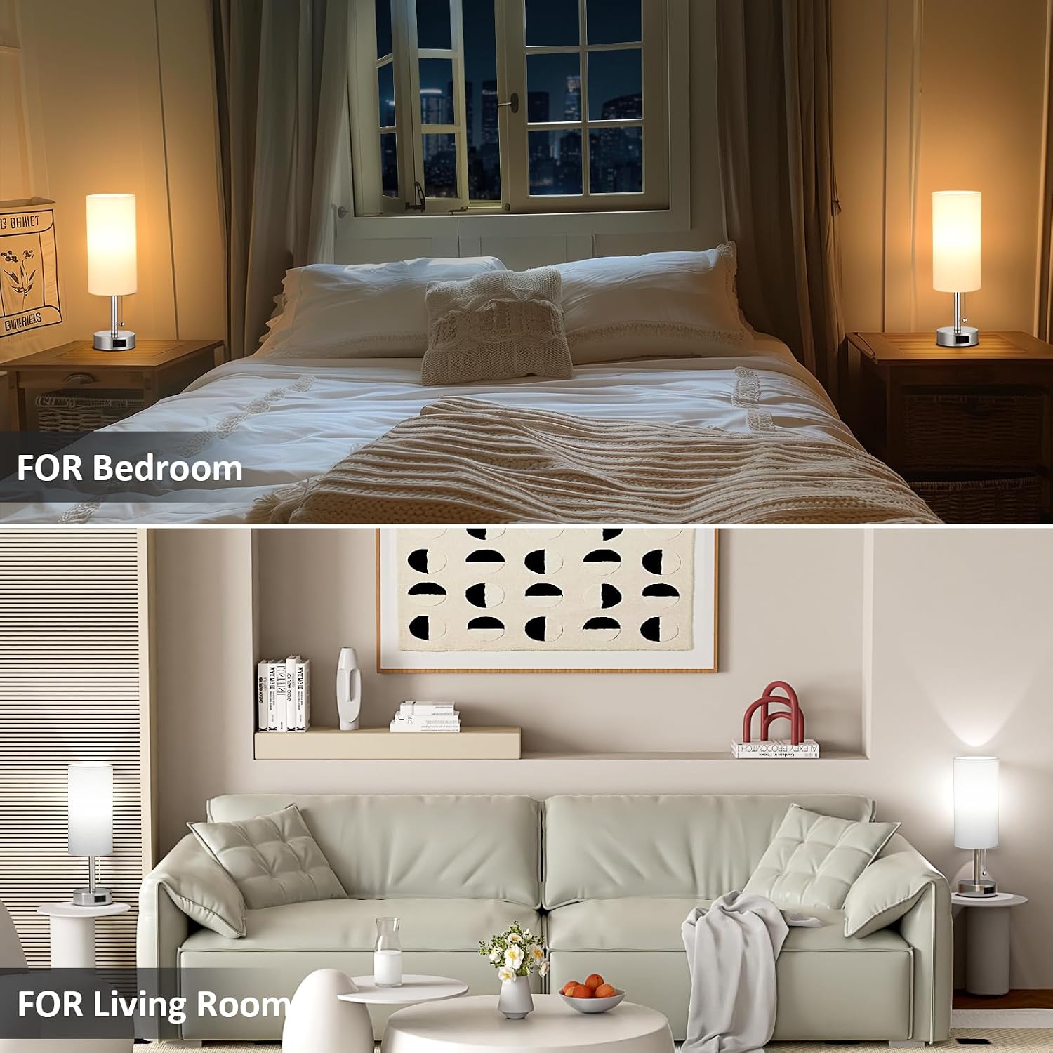 Fenmzee White Silver Bedside Table Lamps Set of 2-3 Color Temperatures Pull Chain Lamp with AC Outlet Charging Port, Two Round Night…