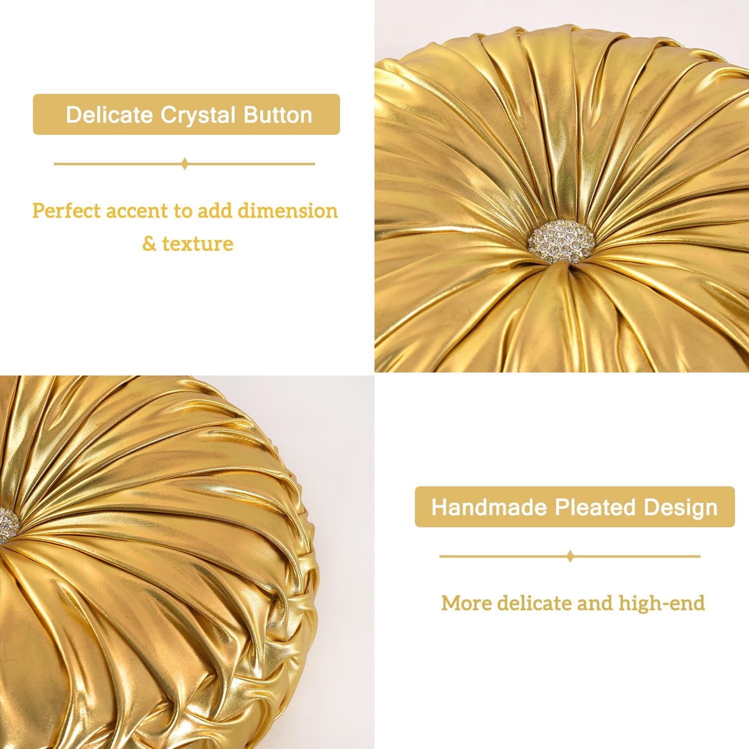HIG Set of 2 Handcrafted Gold Ruched Round Throw Pillows – 14.5’’ Metallic Leather Decorative Pillows with Soft Polyester Filling for…