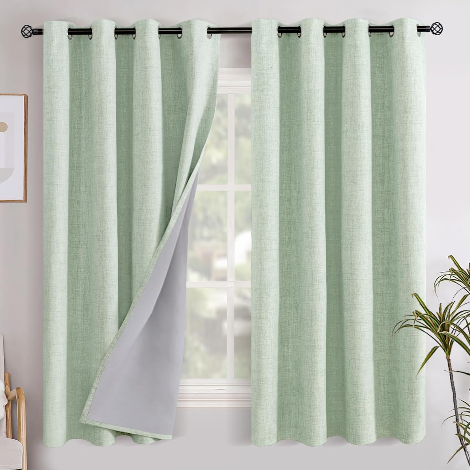 YoungsTex Sage Green Linen Blackout Curtains 68 Inch Length for Bedroom, Thermal Insulated Window Drapes with Grommet Room Darkening Countr…