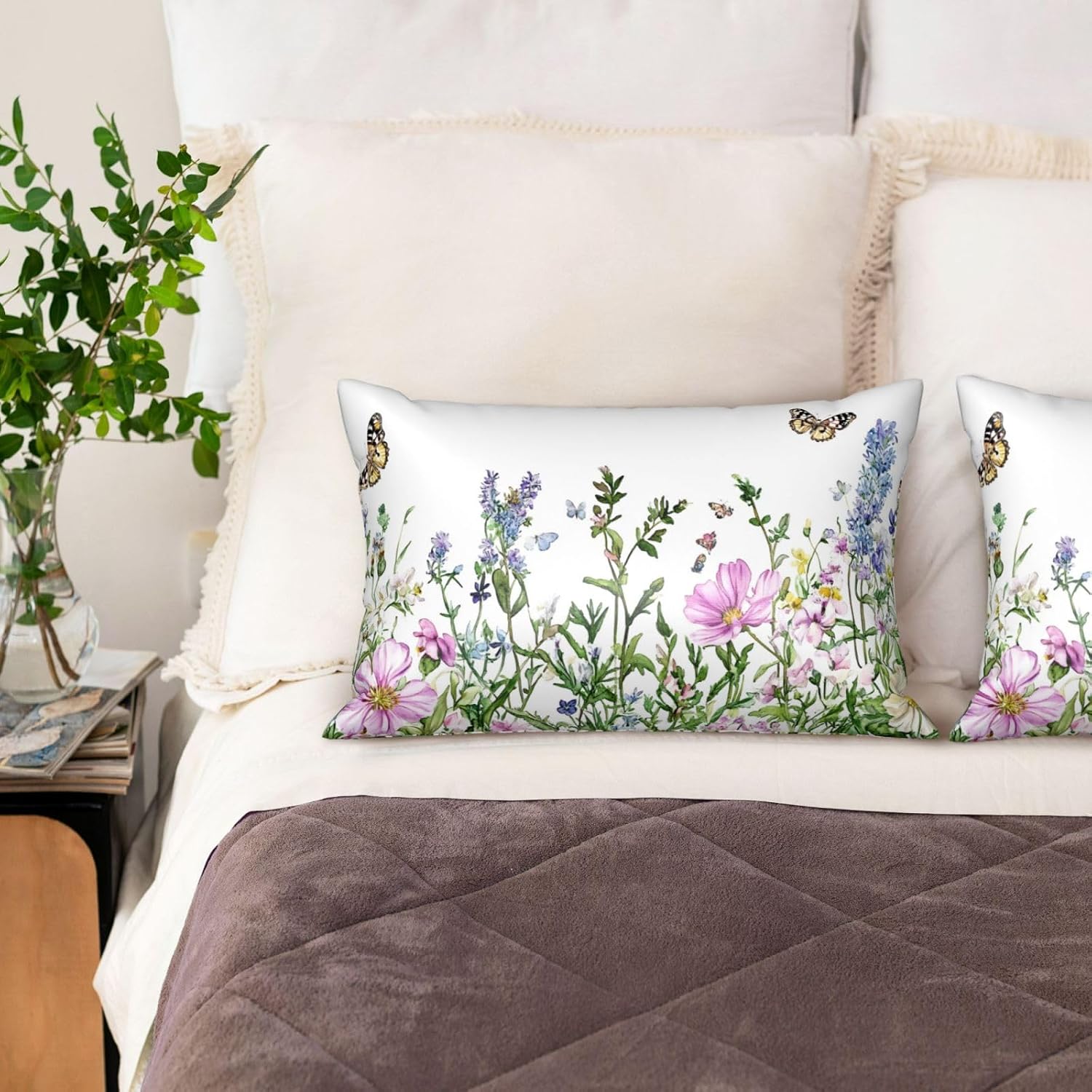 Satin Pillowcase for Hair and Skin Watercolor Wildflowers Butterfly Super Soft and Cooling Similar to Silk Pillow Case 1 Pack with Hidden…