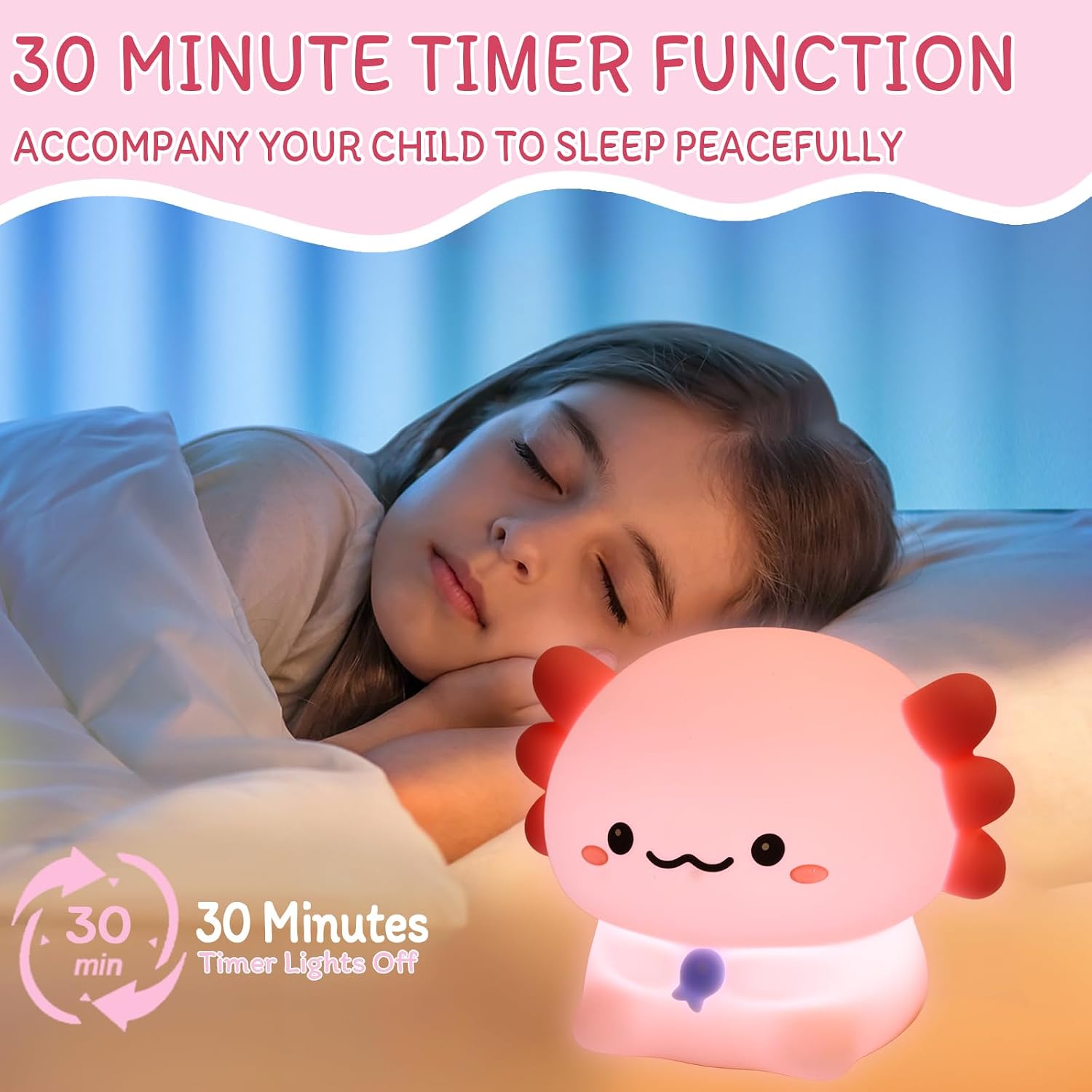WelcometoMAGOHMT Axolotl Night Light for Kids - 3-Level Dimmer & Auto-Off Timer, Child-Safe Silicone Lamp, USB-C Rechargeable Nursery Light…