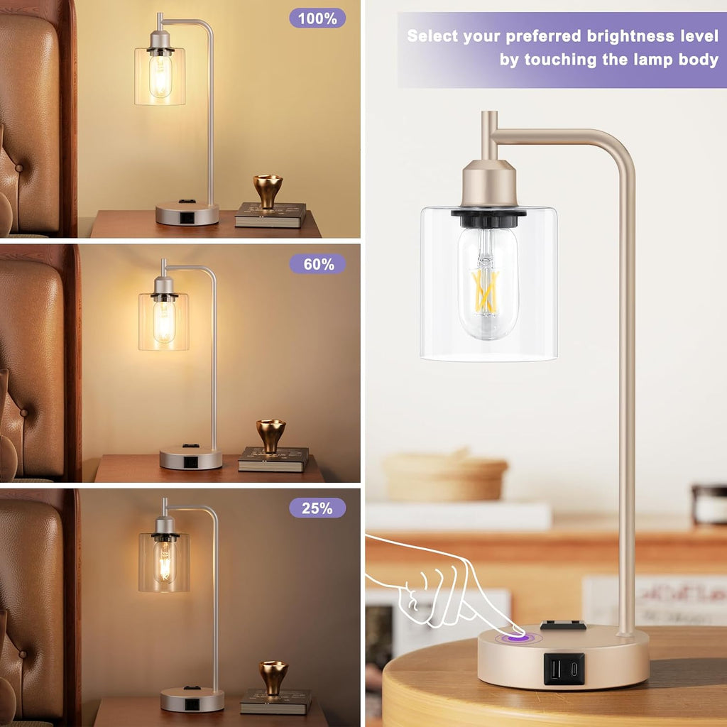 Industrial Touch Table Lamps for Bedrooms Set of 2 - 3-Way Dimmable Lamps with USB C+A Ports and Outlet, Champagne Gold Bedside Lamps…