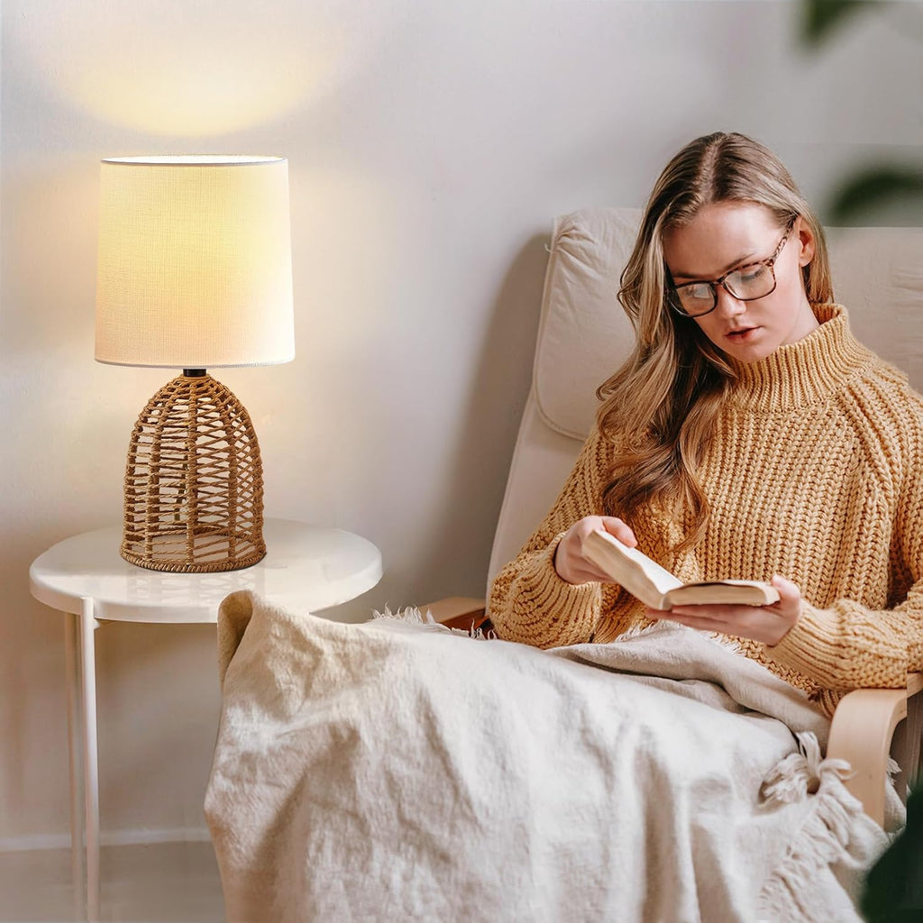 EJIAXIN Rattan Lamp Boho Lamps Set of 2-13.75" Mini Farmhouse Table Lamp Rustic End Table Decorative Small Lamps for Small Spaces Bedroom…