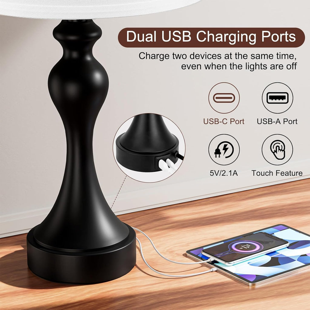 Seealle Touch Lamps for Nightstand - Bedside Lamps Set of 2, 3 Way Dimmable, USB C+A for Bedroom & End Tables (White&Black)