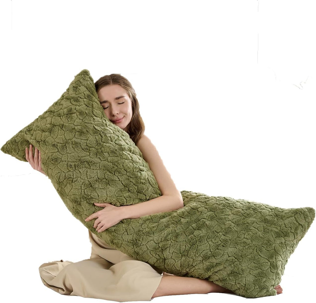 HKMR Fluffy Faux Rabbit Fur Body Pillow, Memory Foam Pregnancy Pillow for Side Sleep Body Pillow,20x54 Long Pillow for Adults-Sage Gr…