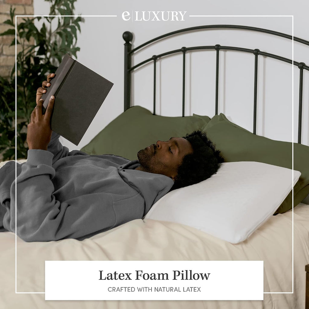 eLuxurySupply Latex Foam Bed Pillow - Extra Plush 100% Cotton Casing Cover - Support for Sleeping Reading Neck Shoulder Back - Set of 2…