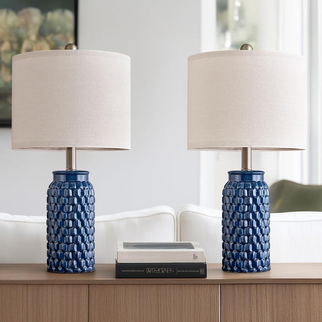 20.5" Small Bedside Lamps Set of 2 with 5FT Cord, Blue Ceramic Modern Farmhouse Table Lamps for Nightstand, Living Room, Bedroom, 3D…