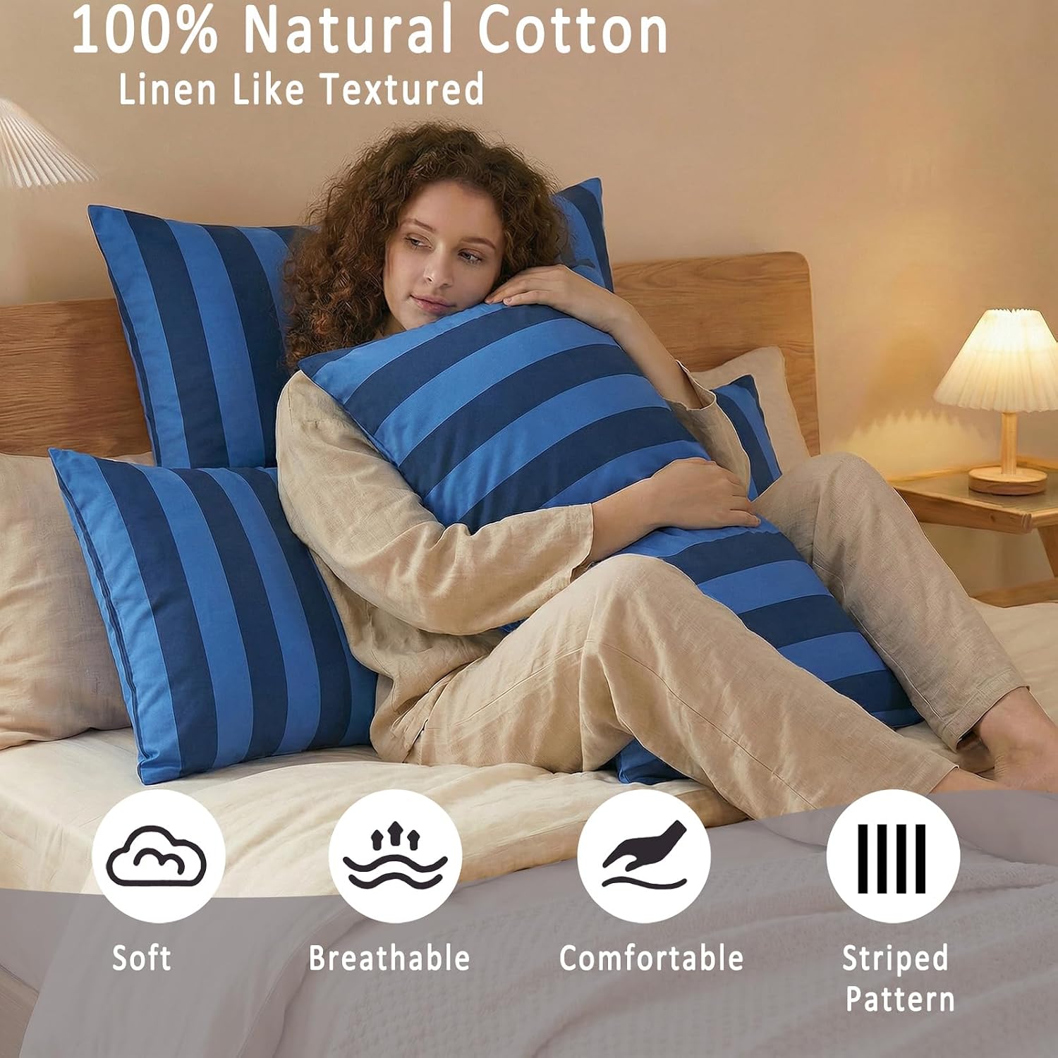 Merryword Standard Size Pillowcases, 100% Cotton Pillow Cases, Blue and Navy Striped Pillowcases, Soft Breathable Wide Stripes Pillow Cover…